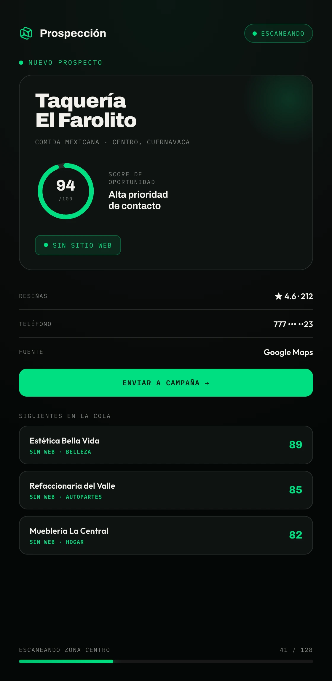NyxAI Prospección en móvil: ficha de un prospecto sin sitio web con score de oportunidad 94 y cola de leads por contactar